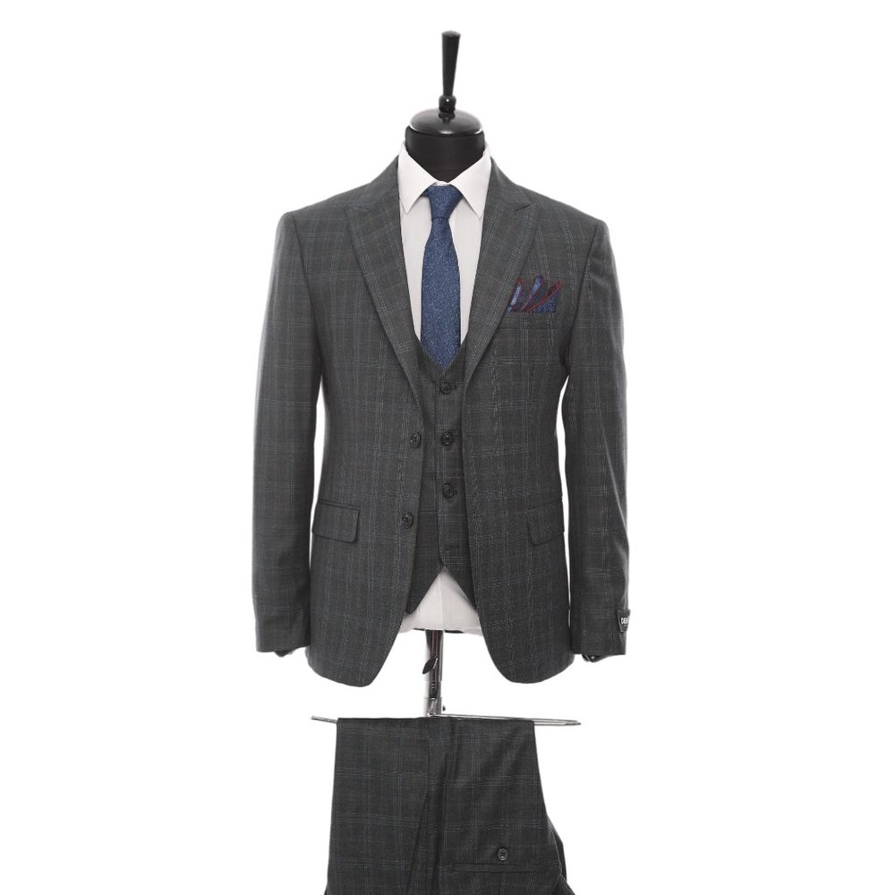 Premium Turkish Mens Suit, Plaid Peak Lapel 3-piece, Grey